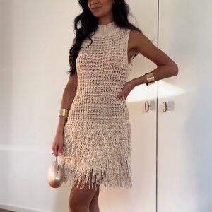 Beige Knit Sleeveless Dress with Fringe Hem